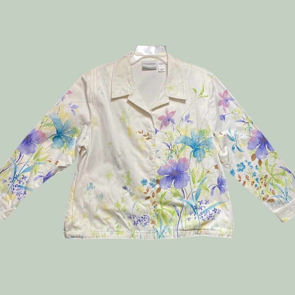 Alfred Dunner Button Up Jacket Women 18P White Floral Cotton Twill Shacket